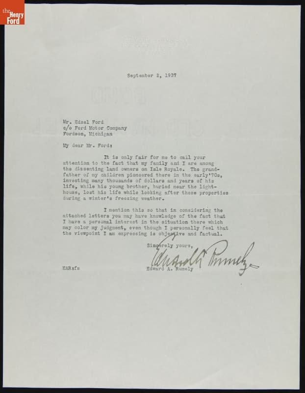 Letter to Edsel Ford from Edward Rumely, Dissenting Landowner on Isle Royale, September 2, 1937