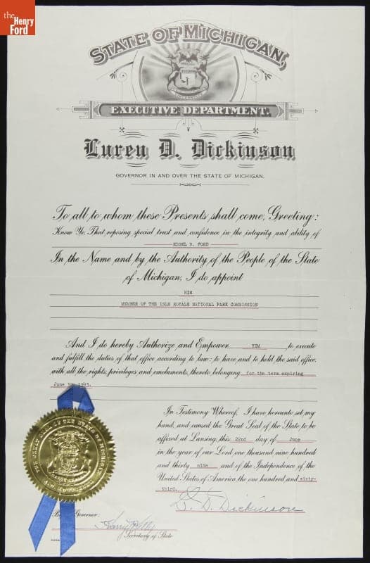 State of Michigan Certificate Reappointing Edsel Ford to the Isle Royale National Park Commission, June 22, 1939