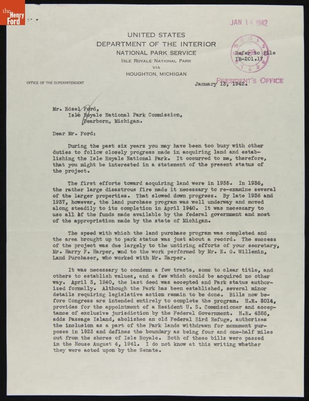 Letter from George Baggley to Edsel Ford Reporting on the Isle Royale National Park Project, January 13, 1942