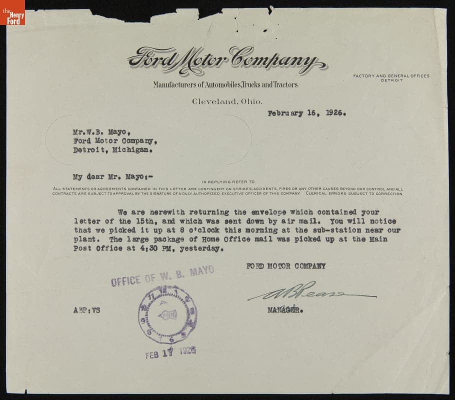 Letter from Ford Motor Company Cleveland Branch Manager A.B. Pease regarding the First Commercial Air Mail Flight (CAM-6), February 1926