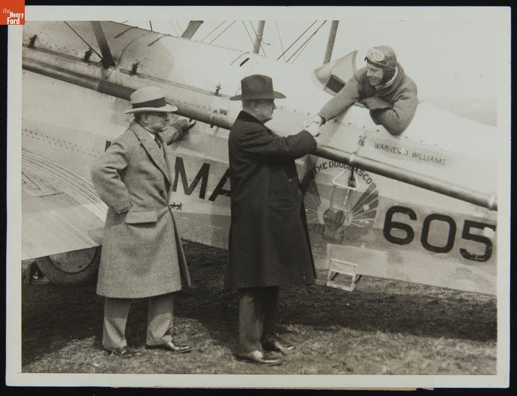 Warren Glover and Harry New Congratulate Air Mail Pilot Earl Ward, March 20, 1926