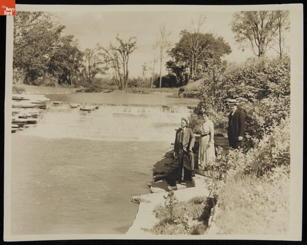 Henry Ford, Clara Ford and Milton Bryant on the Rouge River Dam at Fair Lane Estate, 1915-1920