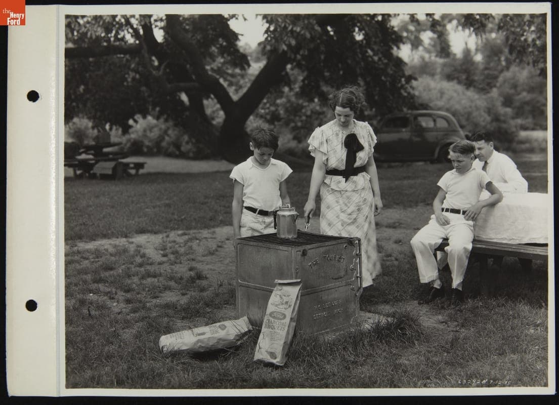Grilling at a Family Picnic Using Ford Charcoal Briquets, 1935