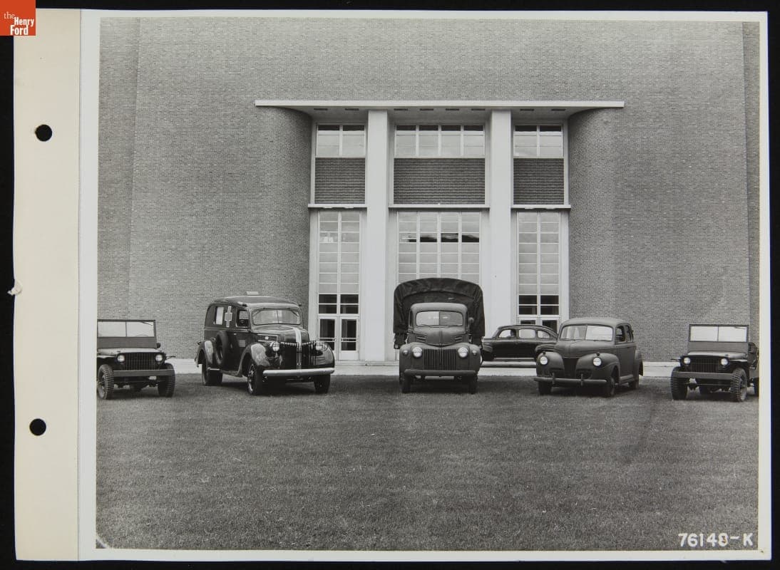 Ford Ambulance, GPWs and Other Vehicles Parked near the Rouge Plant Aircraft Engine Building, September 26, 1941