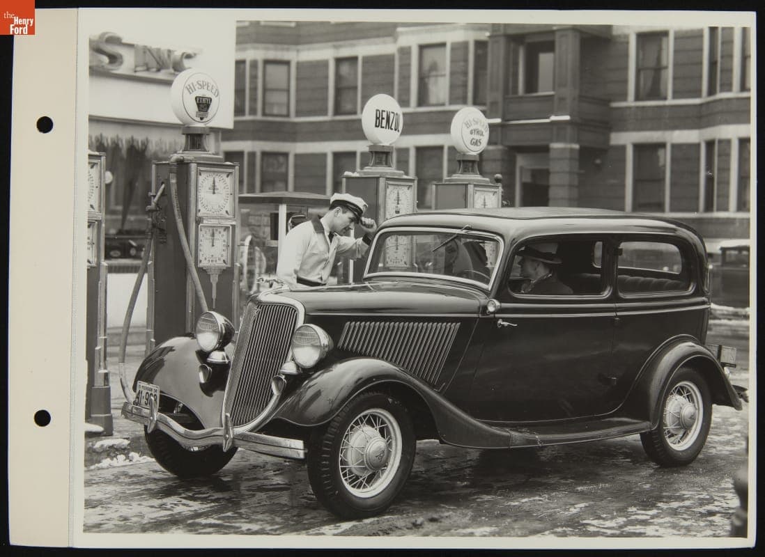 1934 Ford Tudor V-8 at a Service Station, December 1934