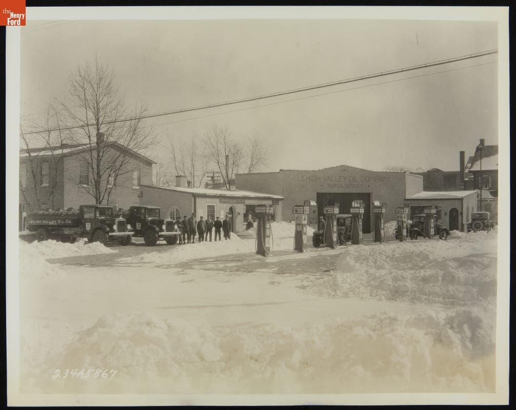 Mack Model AB Tank Trucks at a Gas Station, February 1934