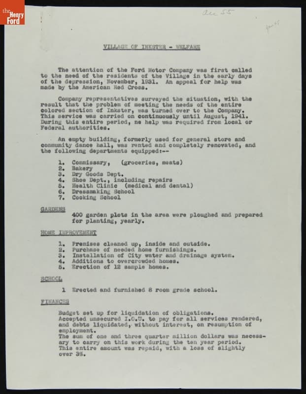 Report on the Ford Motor Company Inkster Rehabilitation Project, 1931-1941, "Village of Inkster - Welfare"