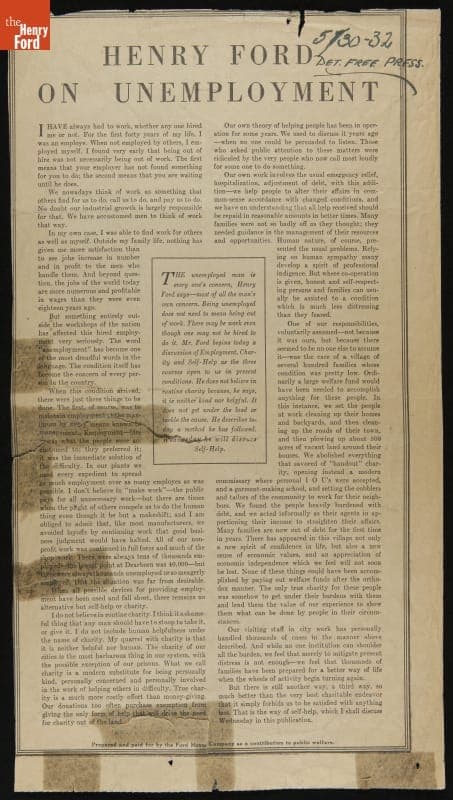 "Henry Ford on Unemployment," 1932