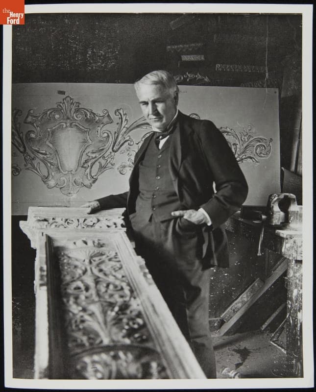 Thomas Edison Looking at a Concrete House Unit, circa 1911