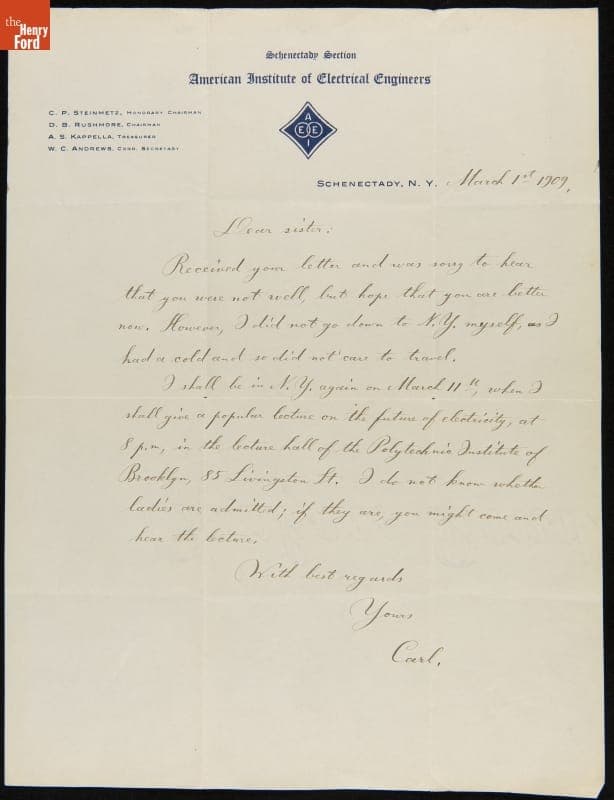 Letter from Charles P. Steinmetz to His Sister, Clara Steinmetz, March 1, 1909