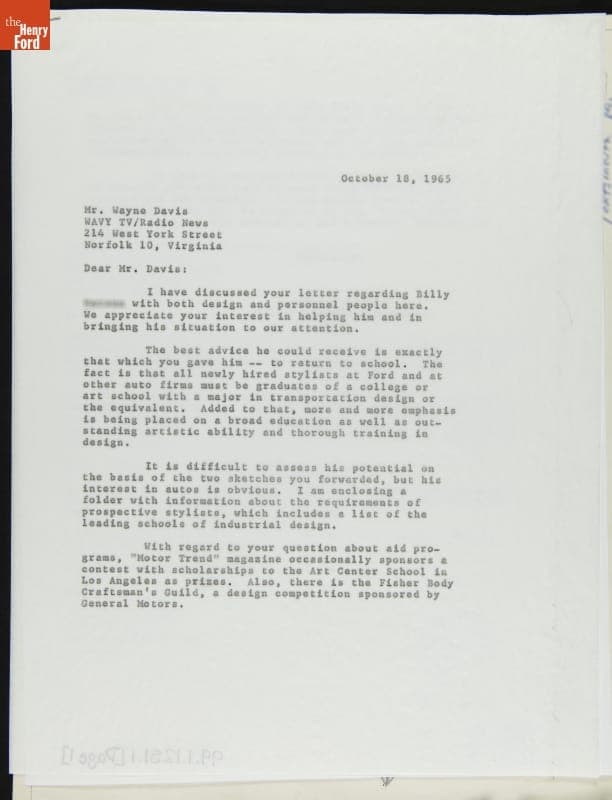 Letter from Ford Motor Company to Wayne Davis regarding a Boy's Interest in Automotive Design, October 1965