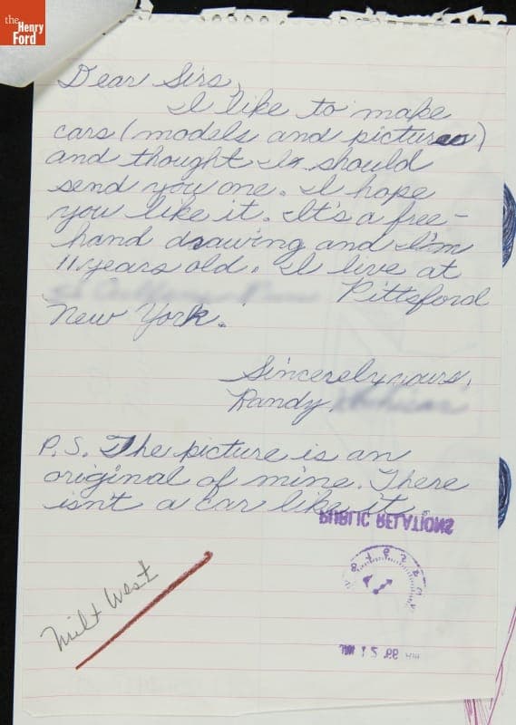 Letter and Design Drawing from Car Enthusiast Randy, Age 11, to Ford Motor Company, 1966