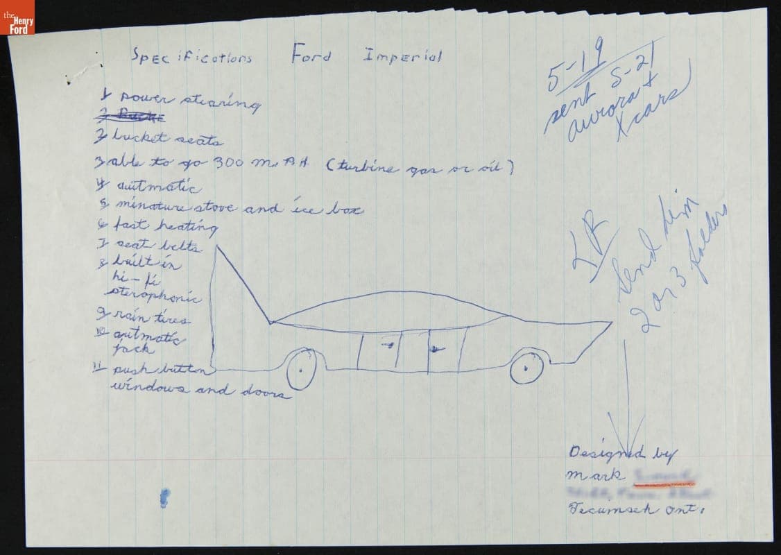 Design Drawing by Car Enthusiast Mark, Received by Ford Motor Company, 1966