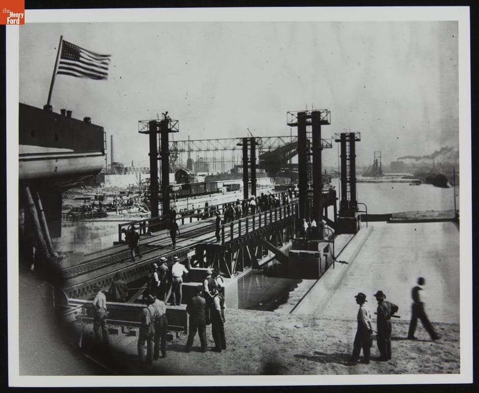 Eagle Boat Approaching Hydraulic Lifts Which Will Lower it to the Water, 1918