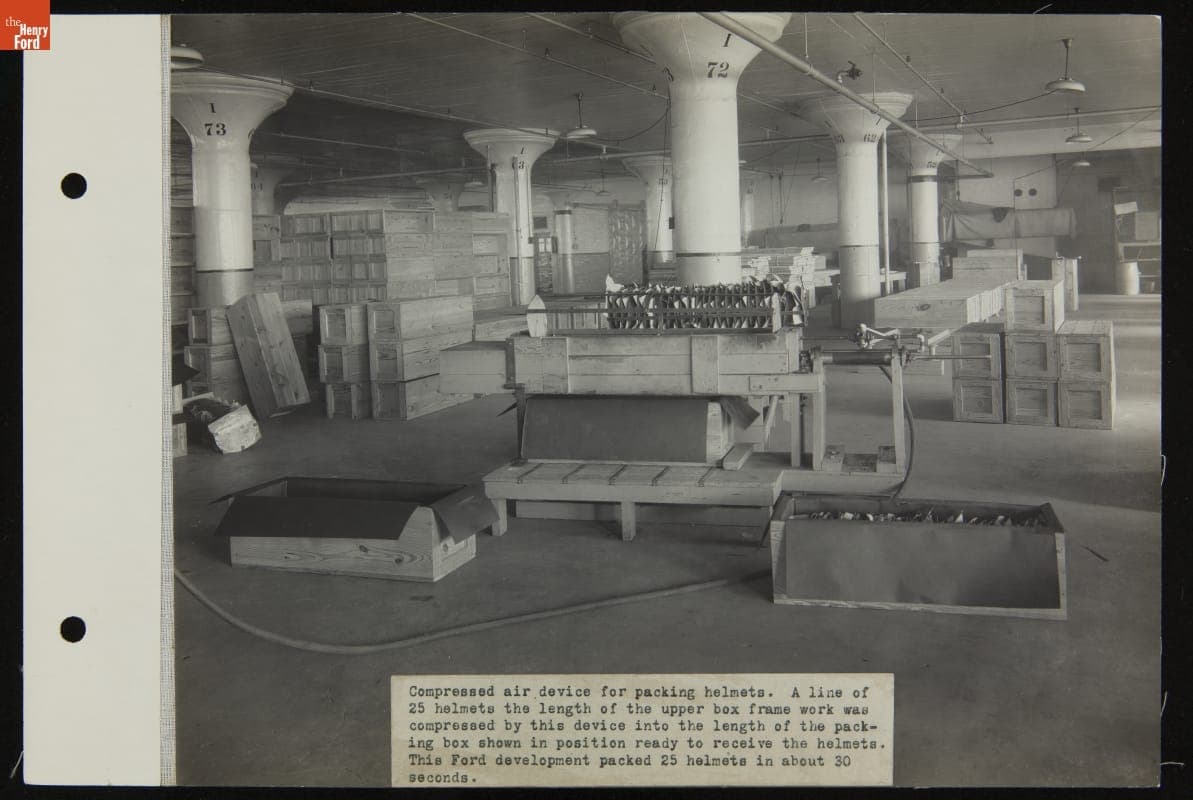 Compressed Air Device for Packing Helmets during World War I, Ford Motor Company Philadelphia Plant, 1917-1918