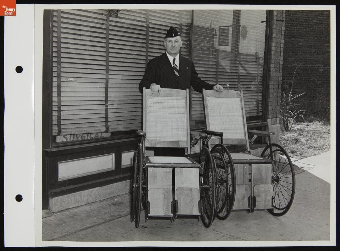 American Legion Employee with Wheelchairs Purchased for Percy Jones Veterans Hospital with Muster Out Pay, March 1944