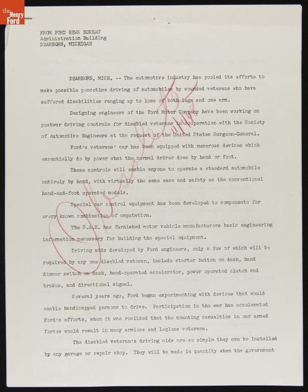 Ford Cars Designed with Driving Aids for Disabled Veterans, Ford Press Release, 1946-1948