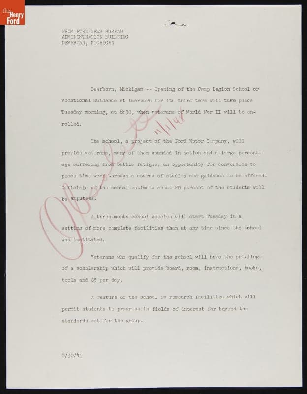 Camp Legion School Third Term Begins, Ford Press Release, Auguat 1945