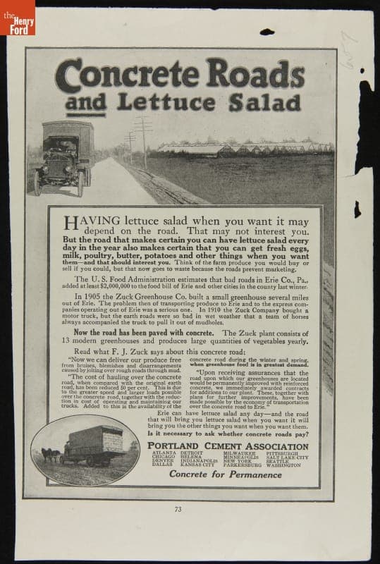 Portland Cement Association Advertisement Promoting Good Roads "Concrete Roads and Lettuce Salad," April 1919
