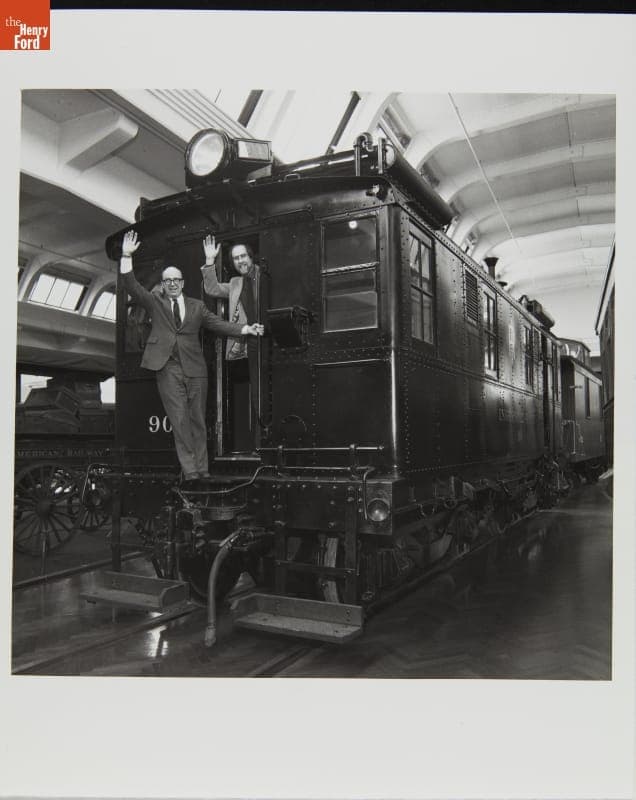 M. William Grant and Randy Mason with Restored Ingersoll-Rand Diesel-Electric Locomotive No. 90 in Henry Ford Museum, January 1985