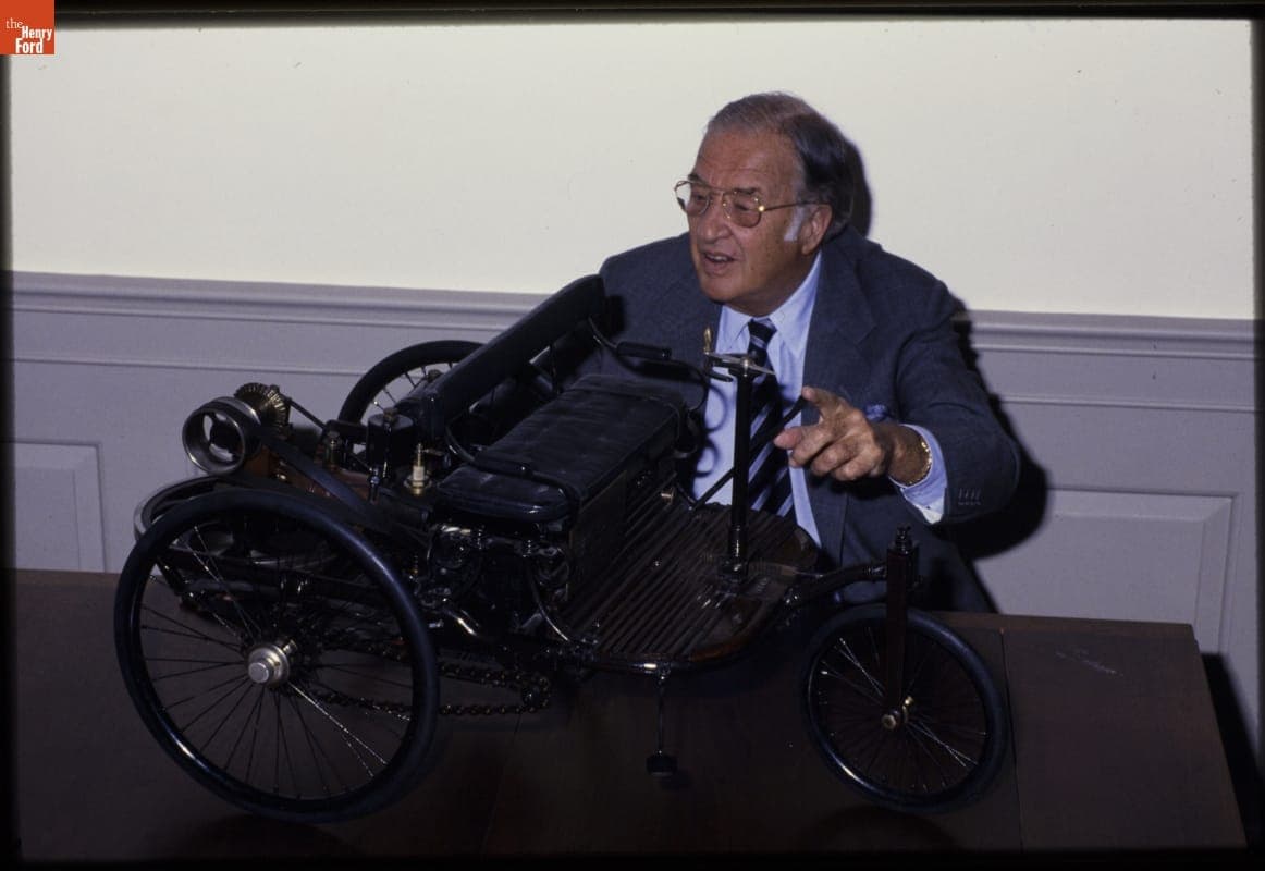 Henry Ford II with the 1885 Benz Scale Replica at Henry Ford Museum, April 1985