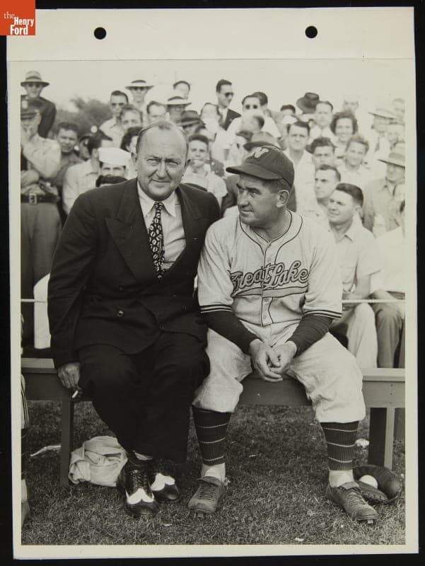 Ty Cobb and Mickey Cochrane at Baseball Game between the Great Lakes Navy Team and the Ford All-Stars, July 1943
