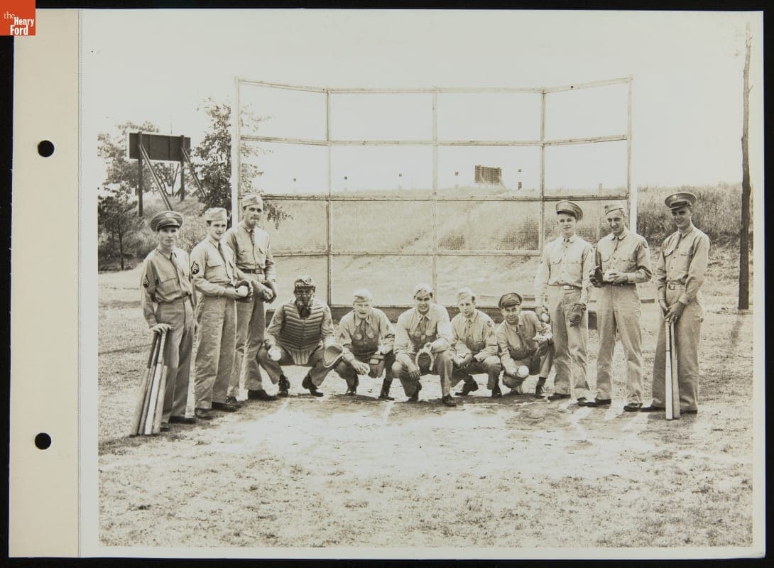 Baseball Players Pose with Equipment Given by Mrs. Gitlen, Willow Run Station Hospital, September 1943