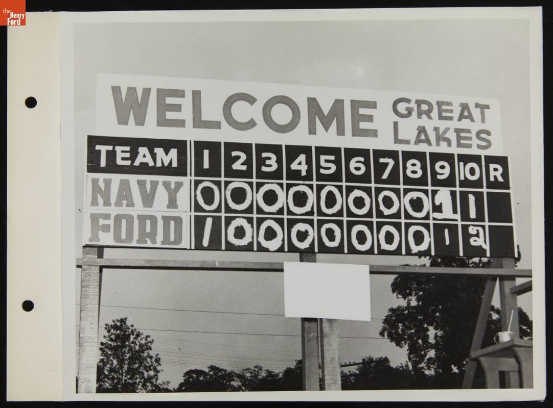 Scoreboard of Baseball Game between Ford All-Stars and United States Navy Great Lakes, Rotunda Field, Dearborn, Michigan, July 1944
