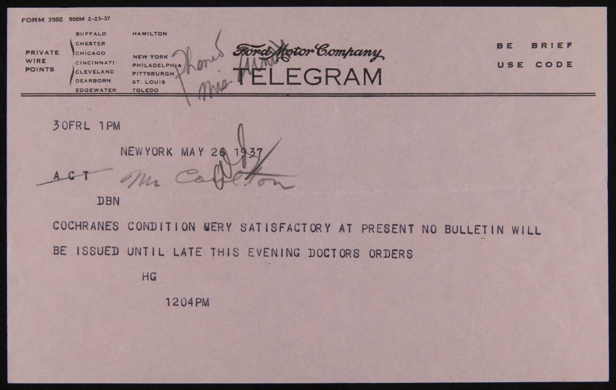Telegram regarding Mickey Cochrane's Head Injury, May 26, 1937