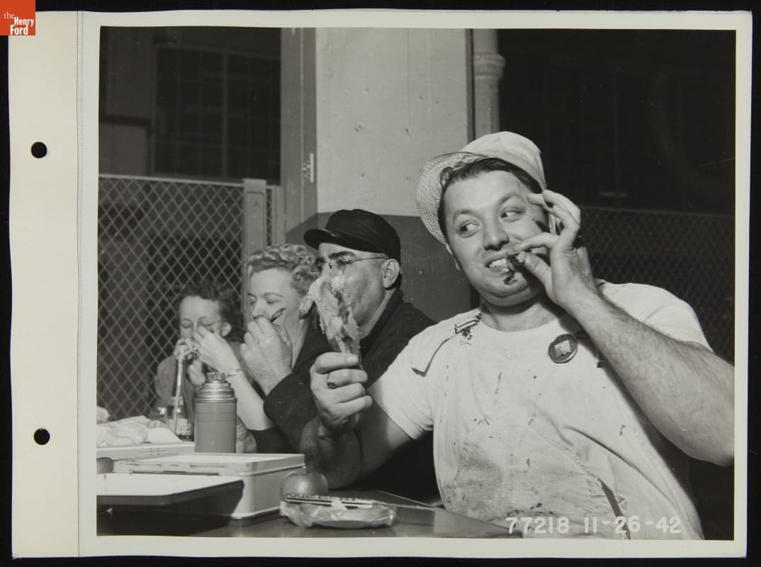 Ford Motor Company Employees Eat Thanksgiving Dinner on the Job at the Highland Park Plant, November 1942