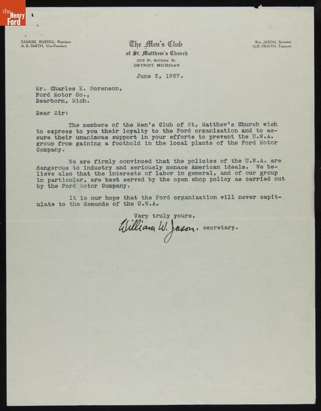 Correspondence between William W. Jason of The Men's Club of St. Matthew's Church and Charles E. Sorensen, June 1937
