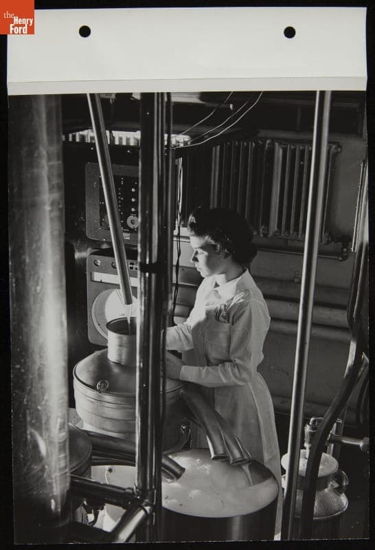 Mrs. Hardy Checking Soybean Milk in Ford Lab, March 1944