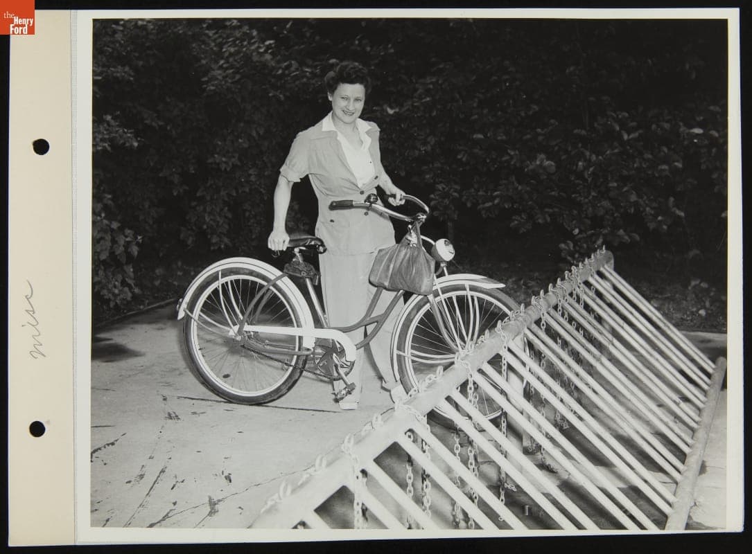 Ford Employee Rose Brochu Parking Her Bicycle at the Ford Rotunda Building, June 1943