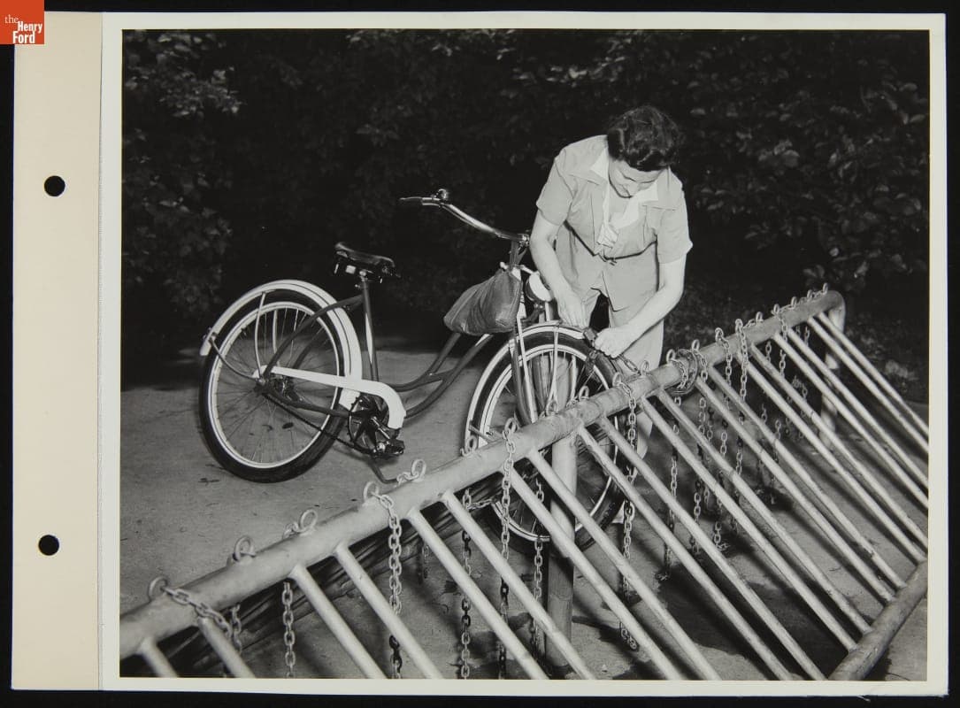 Ford Employee Rose Brochu Parking Her Bicycle at the Ford Rotunda Building, June 1943