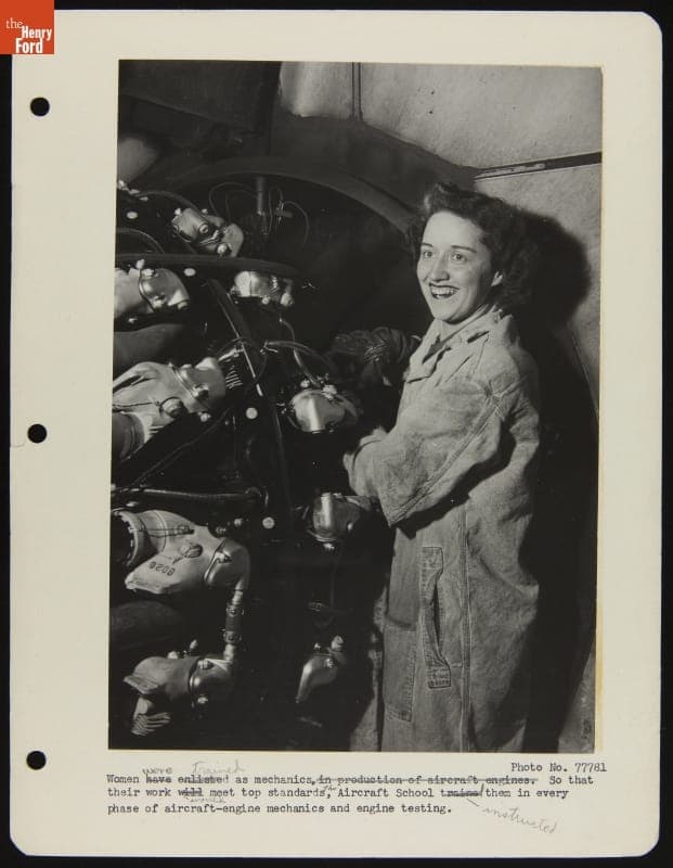 Woman Mechanic Testing New Pratt & Whitney Aircraft Engines, Ford Rouge Plant Aircraft Engine Building, April 1943