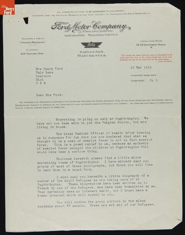 Letter from Sir Percival Perry to Clara Ford regarding Oughtrington Hall Photograph Album, March 1915