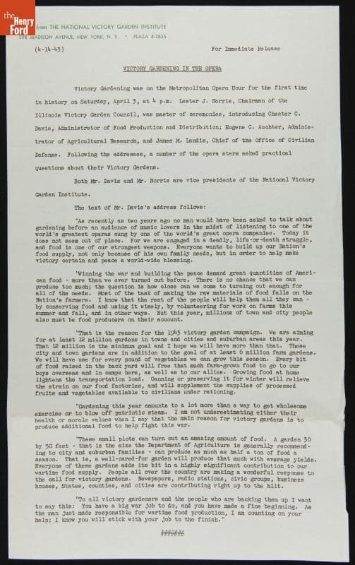 "Victory Gardening in the Opera" Press Release, April 1943