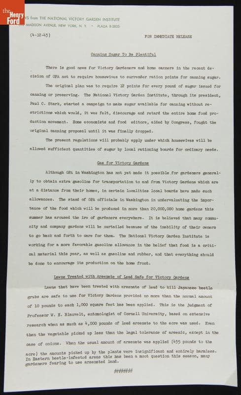 "Canning Sugar to be Plentiful," National Victory Garden Institute Press Release, April 1943