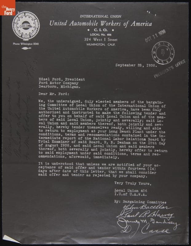 Letter from UAW #406 to Edsel Ford regarding Ending the Ford Long Beach Assembly Plant Strike, September 28, 1938