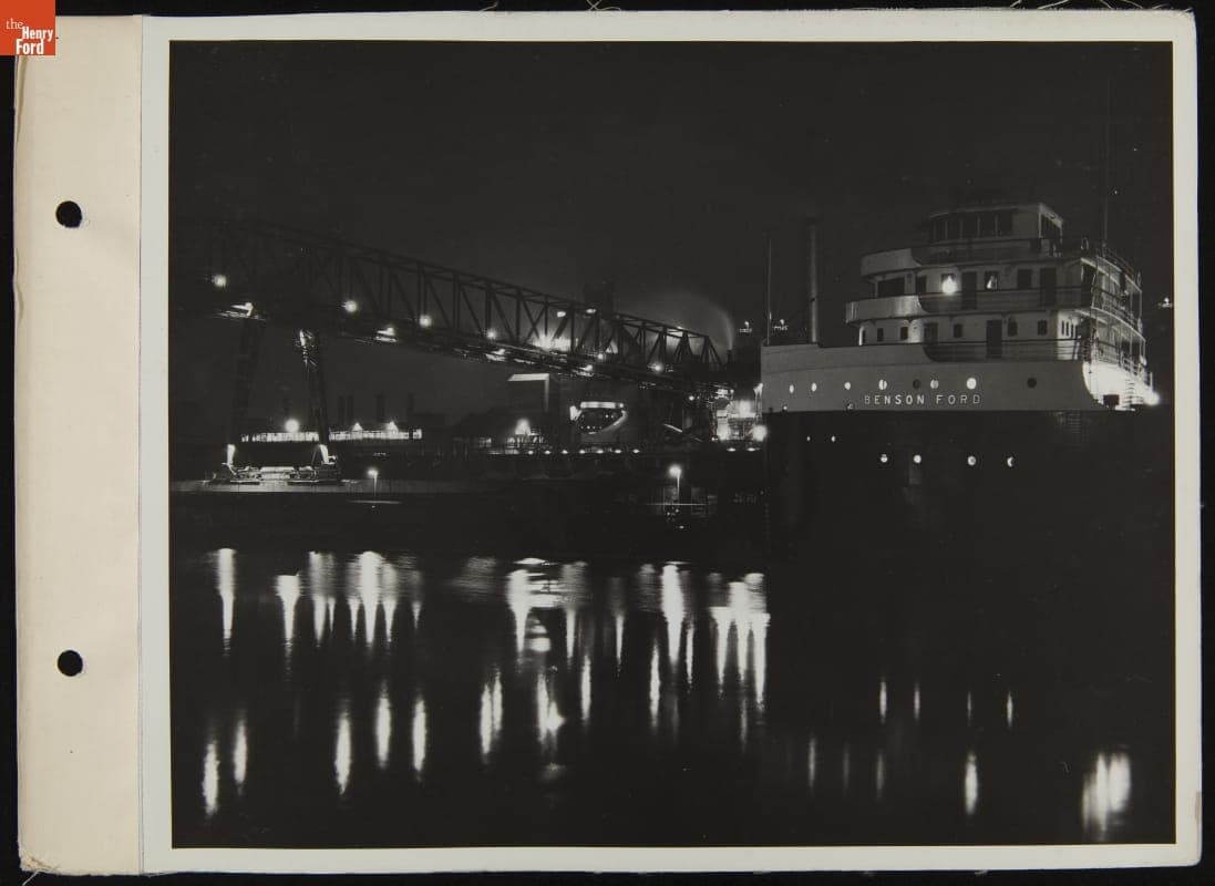 Ship "Benson Ford" in Ford Rouge Plant Boat Slip at Night, May 1936