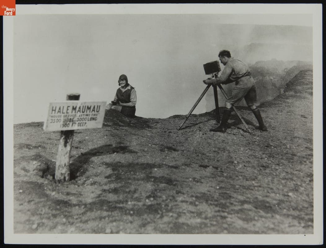 Captain Walter Wanderwell Filming Aloha Wanderwell on the Edge of Kilauea Volcano, 1924
