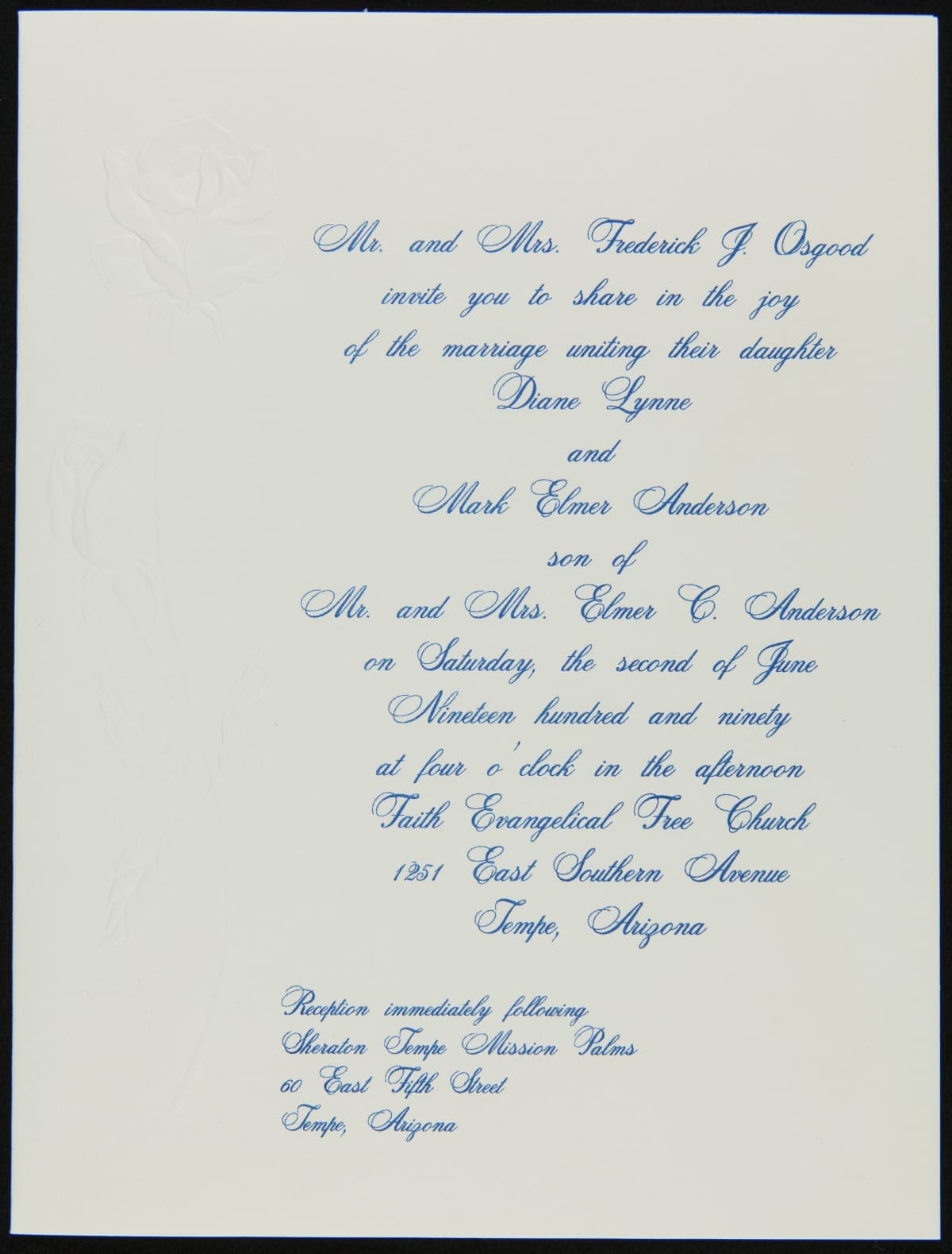 Wedding Invitation of Diane Lynne Osgood and Mark Elmer Anderson, Tempe, Arizona, June 2, 1990