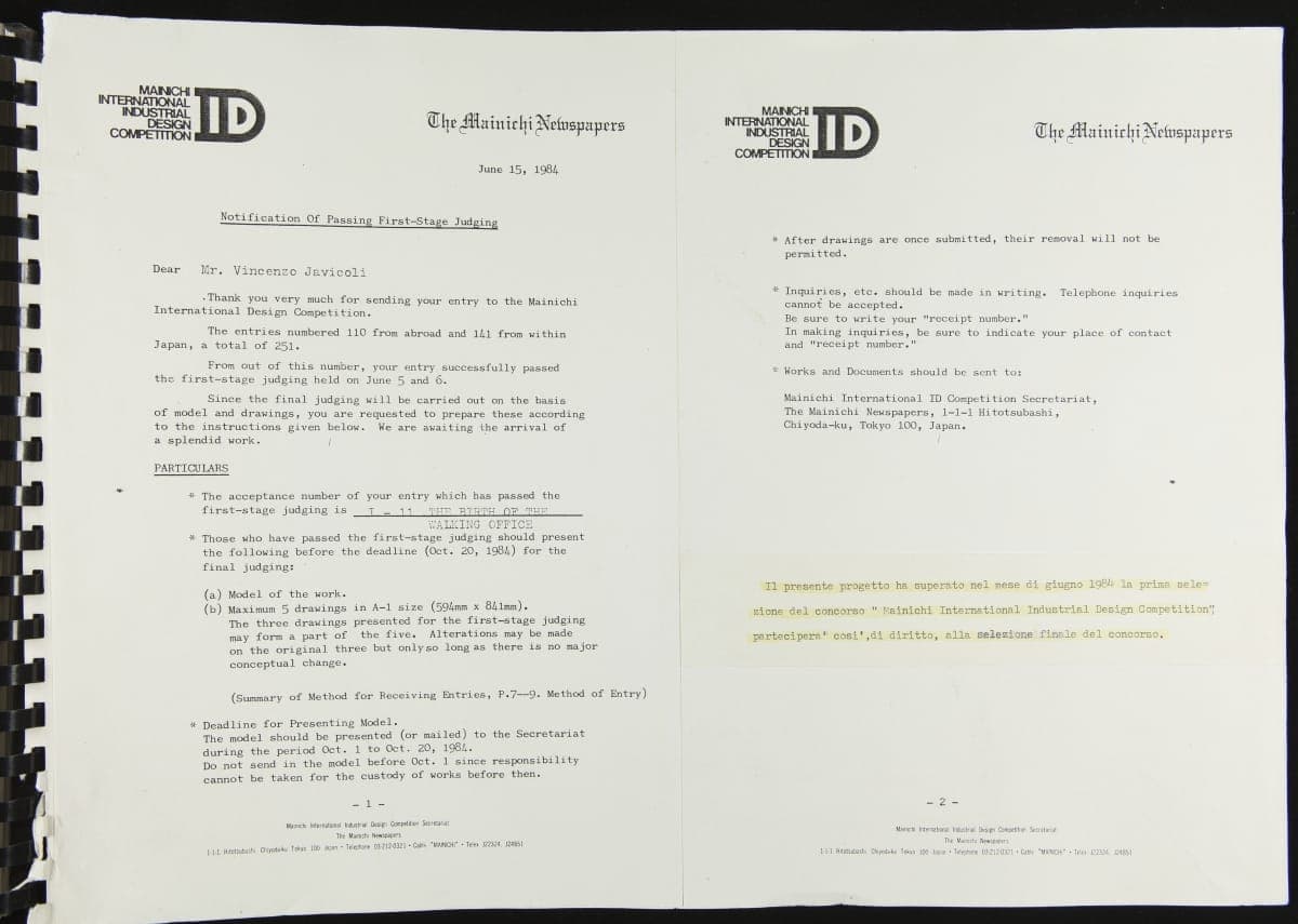 Clippings Portfolio, "The Walking Office" Winning Entry in the 30th Mainich Industrial Design Competition, 1985