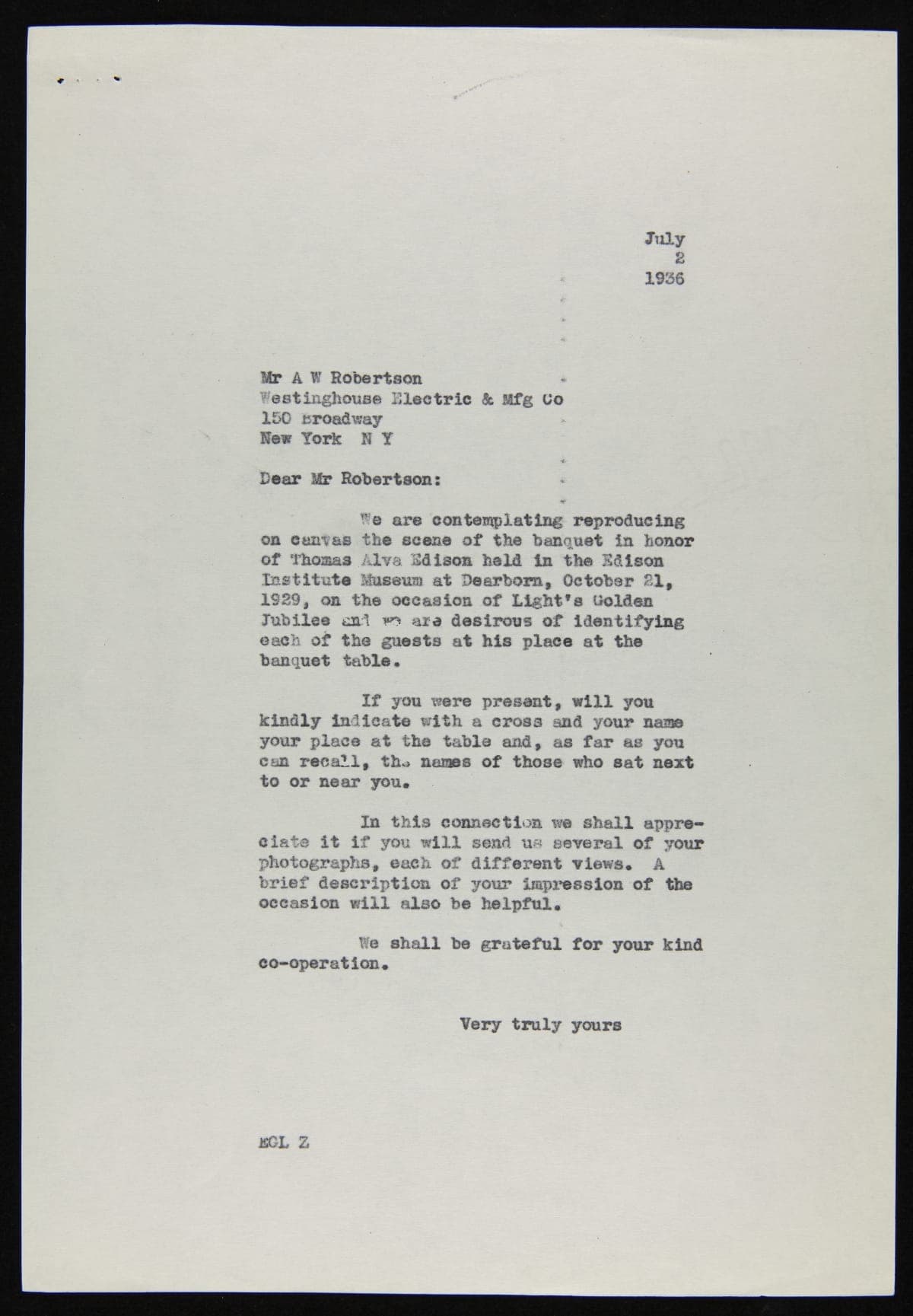 Correspondence between E.G. Liebold and A.W. Robertson regarding Light's Golden Jubilee Banquet Painting, 1936