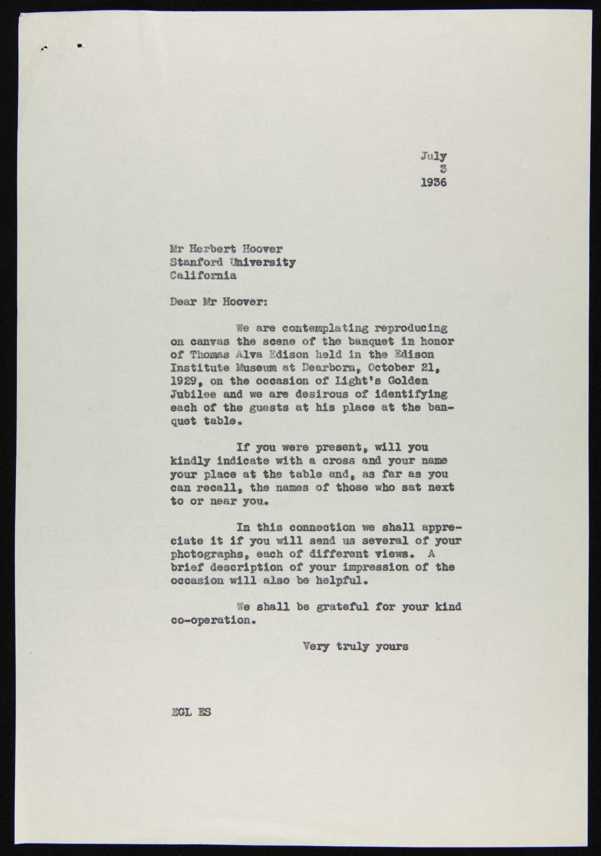 Correspondence between E.G. Liebold and Herbert Hoover regarding Light's Golden Jubilee Banquet Painting, 1936