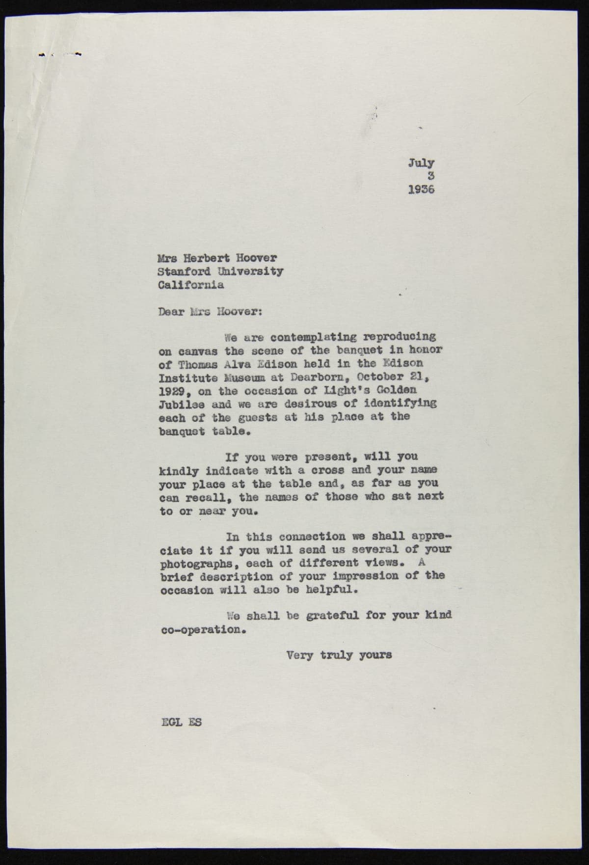 Correspondence between E.G. Liebold and Lou Henry Hoover regarding Light's Golden Jubilee Banquet Painting, 1936