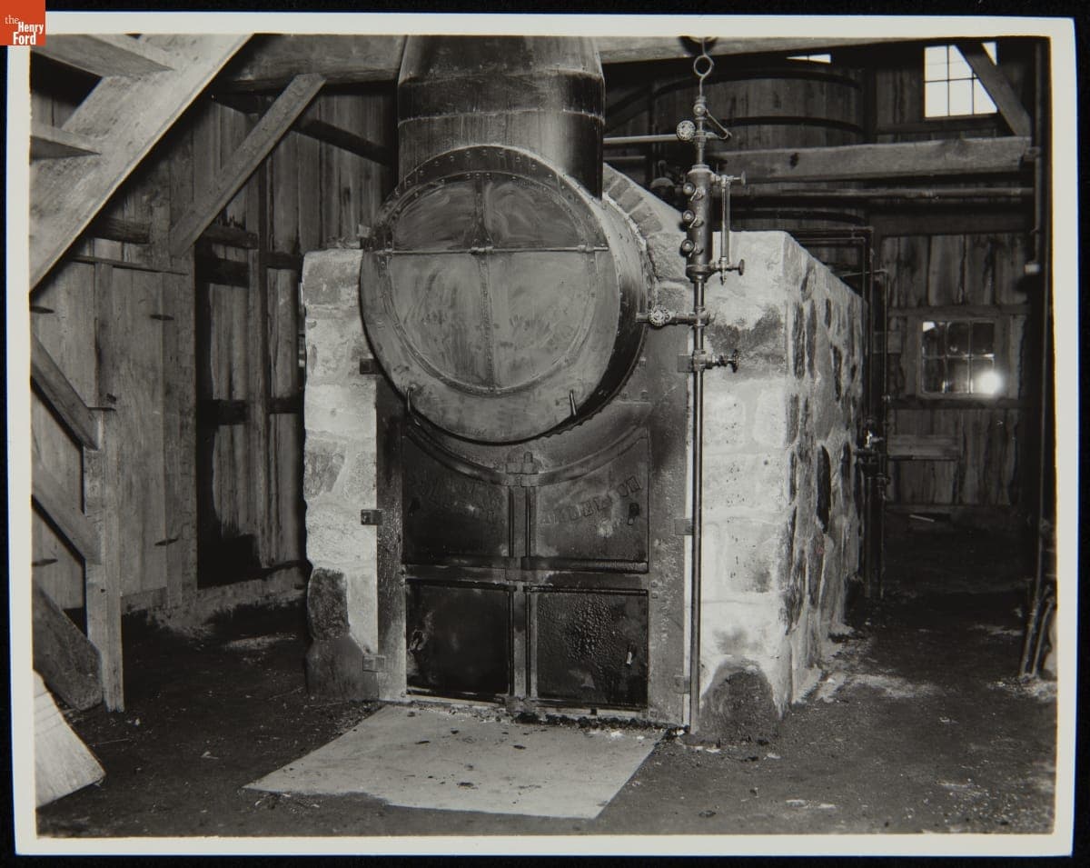 Boiler inside the Tripp Sawmill in Greenfield Village, 1932-1940