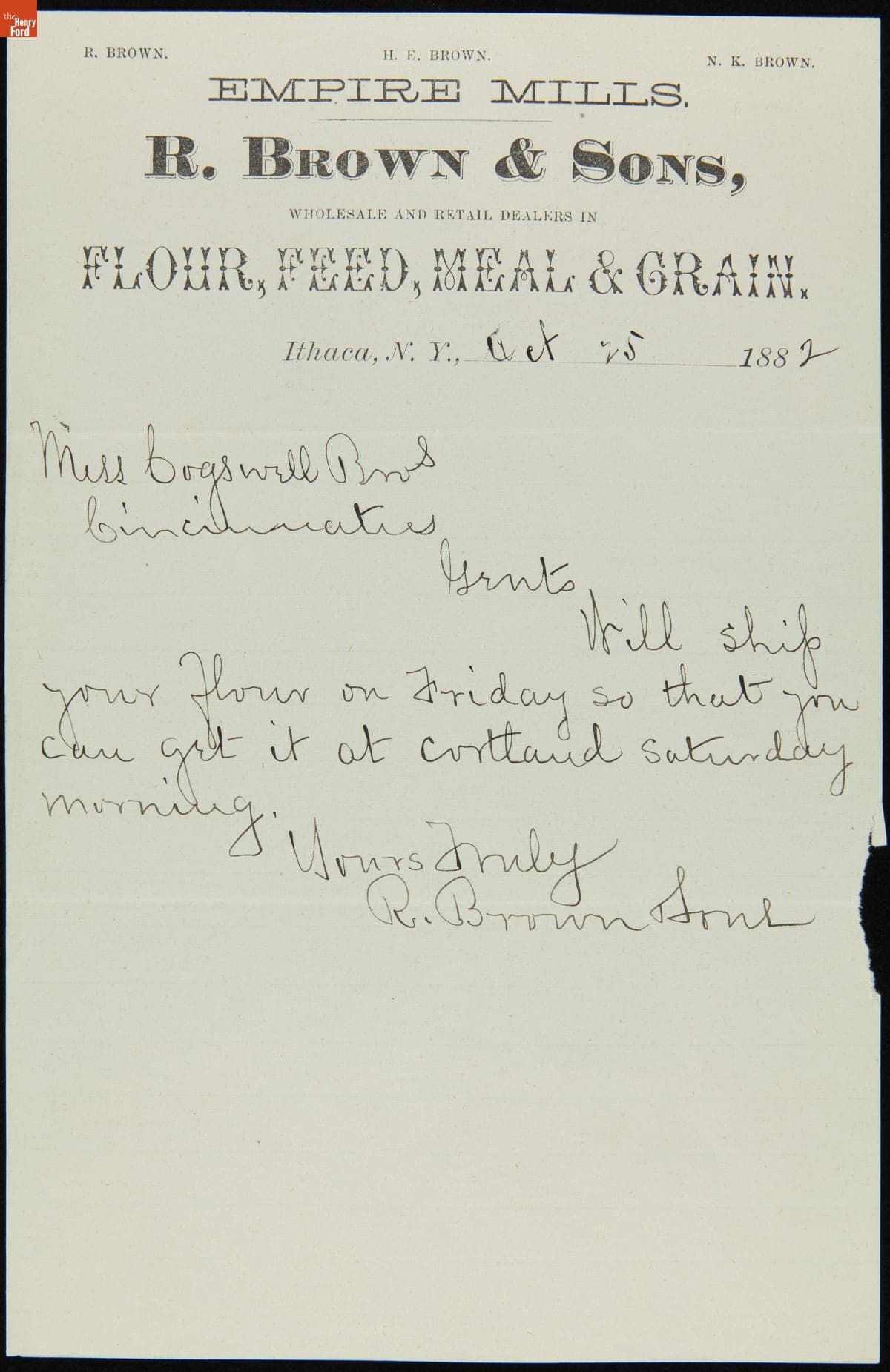 Flour Shipment Notice from R. Brown & Sons to Cogswell Brothers General Store, October 25, 1882