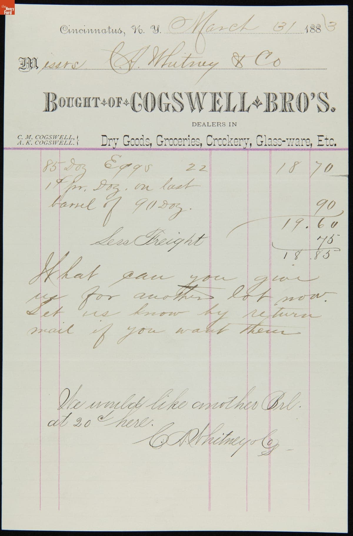 Cogswell Brothers Invoice for Egg Purchase, with Additional Order from C.H. Whitney & Co., March 31, 1883