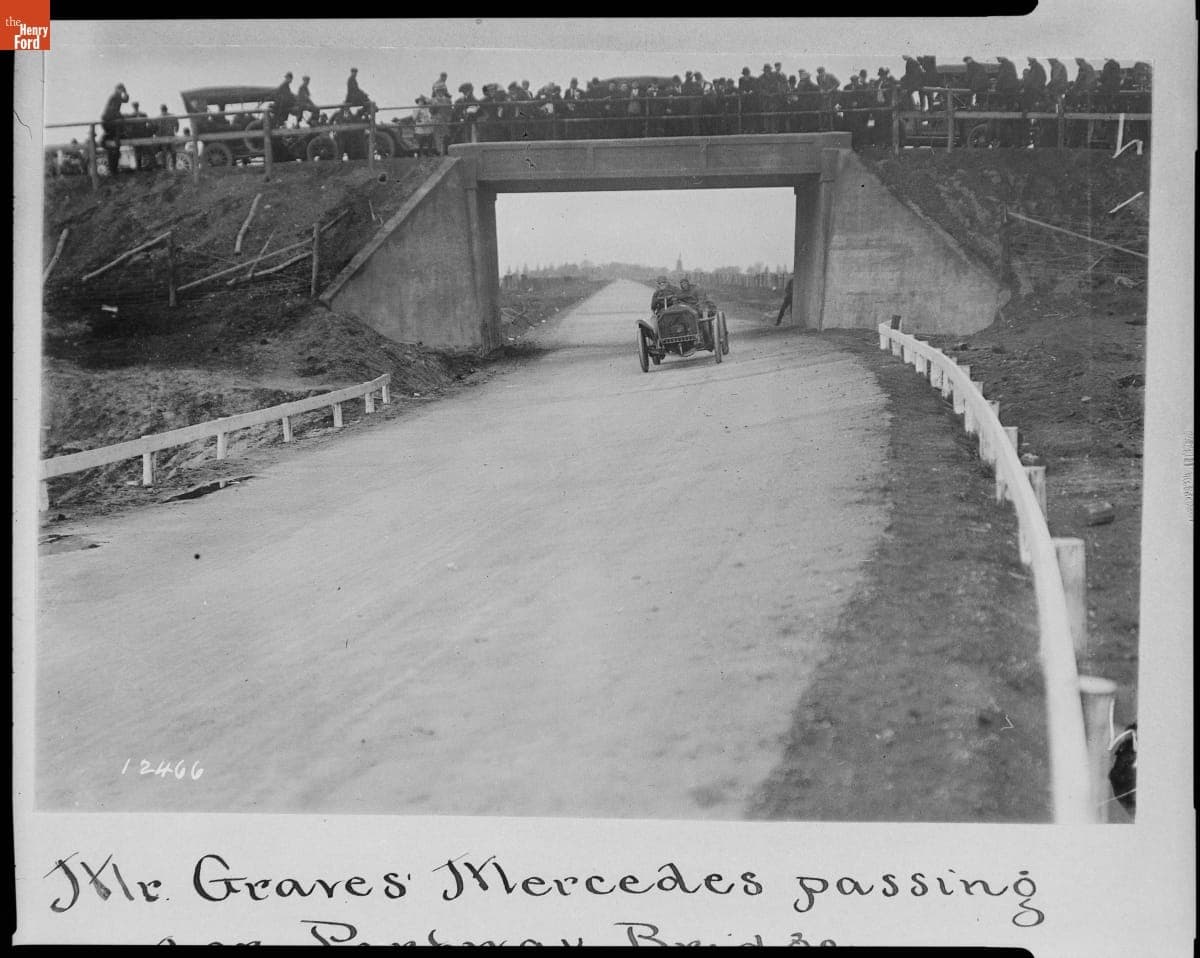 Emil Stricker, Driving the #3 Mercedes, Passes Under the Long Island Motor Parkway Bridge, 1908 Vanderbilt Cup Race